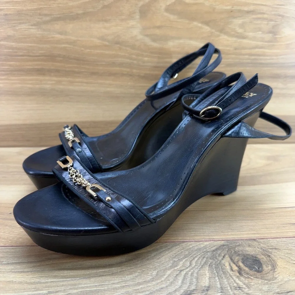 Bally Mapple Wedge Heel 9.5 EU 39.5 Black Leather Ankle Strap Platform Chunky